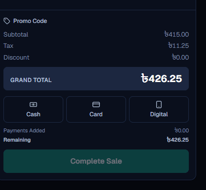 POSENTRA checkout totals showing subtotal, tax, grand total, payment methods, and the Complete Sale action